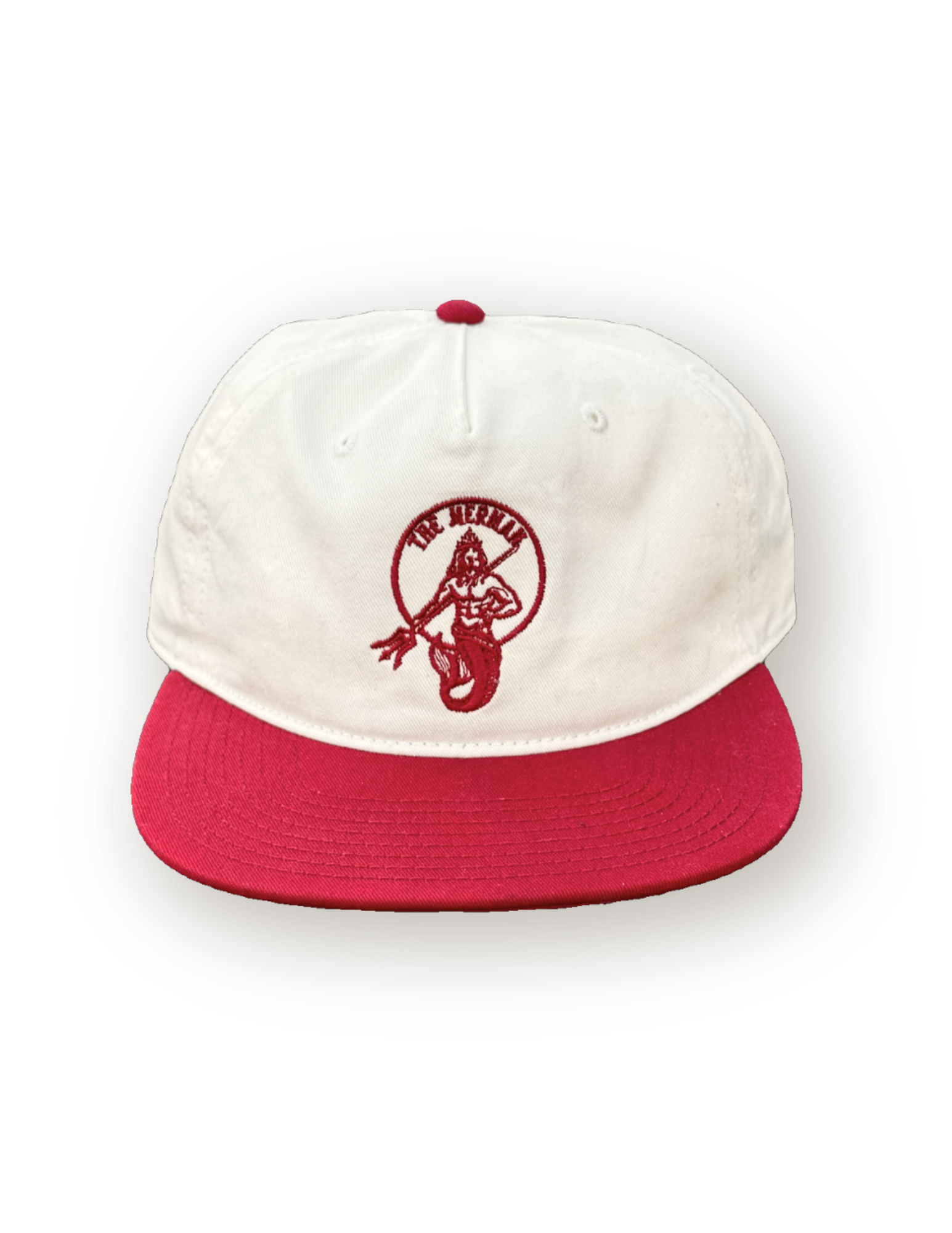 Retro red and cream Merman hat with embroidered Merman logo transparent background